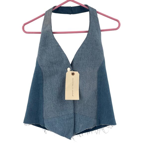 FREE PEOPLE x TRICIA FIX Split Denim Vest Size Extra Small Patchwork Halter NWT - Picture 1 of 15